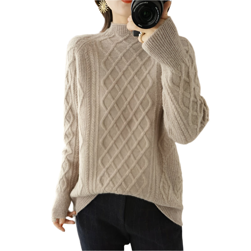 Women's Loose Fit Turtleneck Twisted Wool Sweater - Weriion