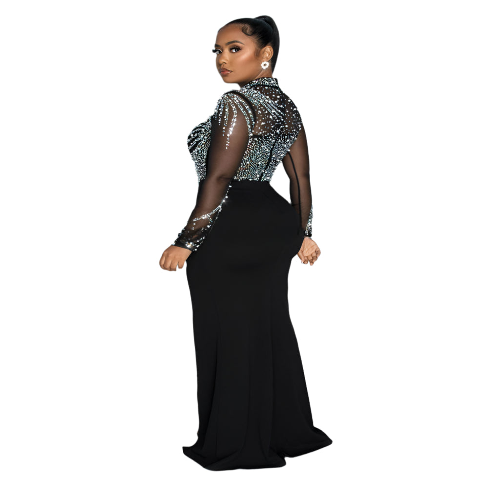 Women's Rhinestone Pearl See - Through Waist - Tight Stretch Split Dress - Weriion