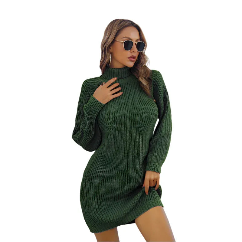 Women's Winter Turtleneck Long Sweater Dress With Leisure Button Design - Weriion