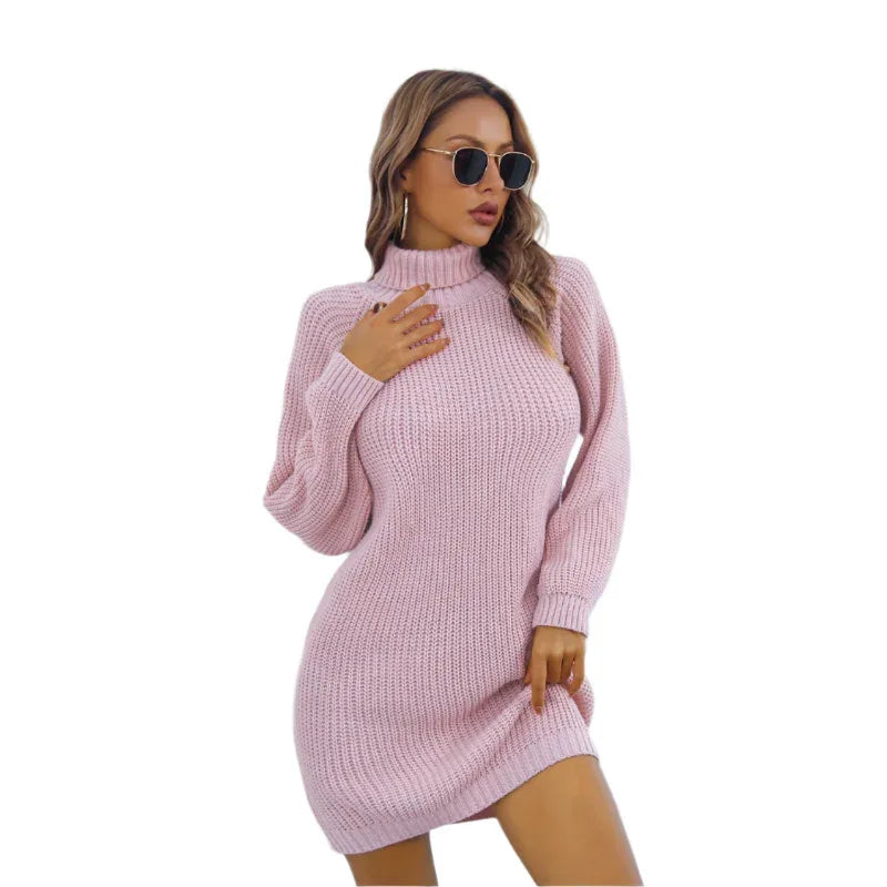 Women's Winter Turtleneck Long Sweater Dress With Leisure Button Design - Weriion