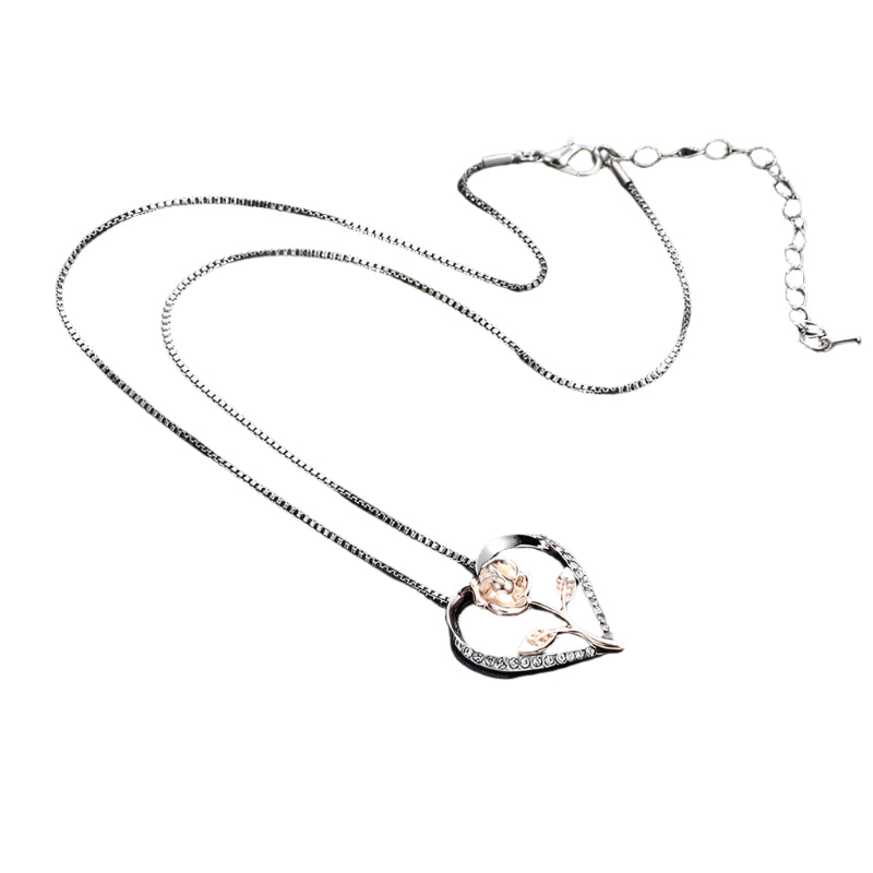 Zircon Heart Rose Silver Necklace For Women - Weriion