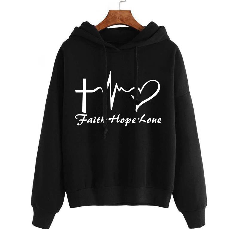 Heart Print Hoodie Sweatshirt Pullover Tops For Women