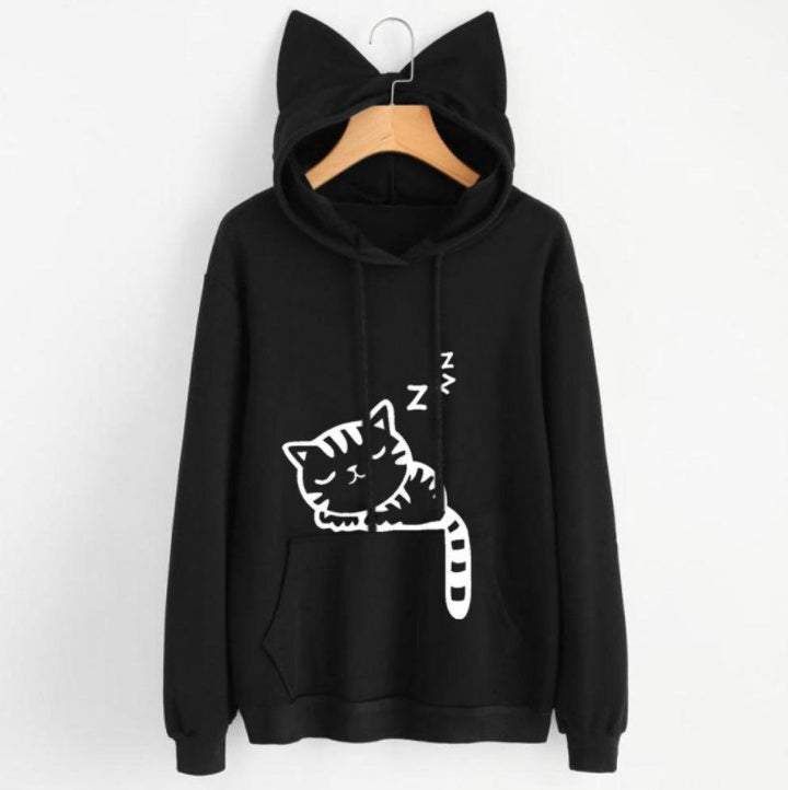 Female Women Casual Hoodies Sweater Long Sleeve Cute Ears Printed Hoodies Tracksuit Outerwear Sweatshirt