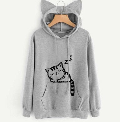 Female Women Casual Hoodies Sweater Long Sleeve Cute Ears Printed Hoodies Tracksuit Outerwear Sweatshirt