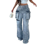 Women's Large Pocket High Waist Straight Jeans