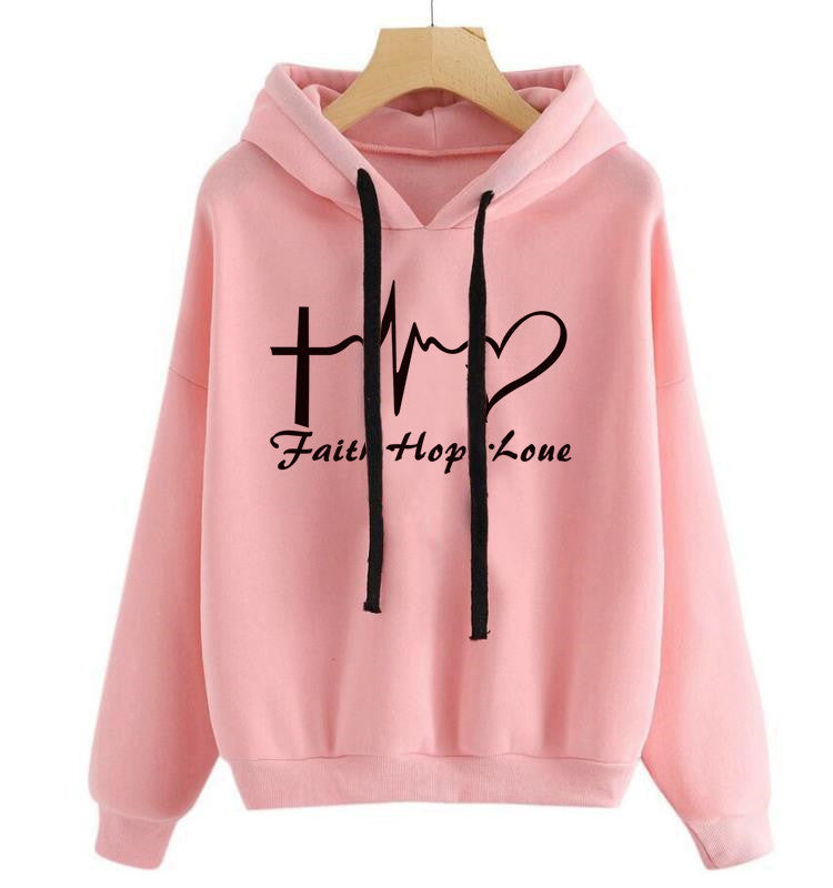 Heart Print Hoodie Sweatshirt Pullover Tops For Women