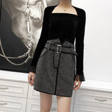 Women's Genuine Leather Studded Diamonds Skirt With Adjustable Belt