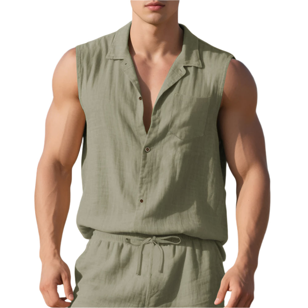 Sleeveless Linen Polo Shirt Vest For Men