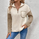 Long Sleeve Stand Collar Color Matching Warm With Velvet Sweater For Women