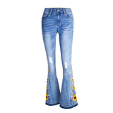 Women's Flared Jeans With Embroidered Sunflowers