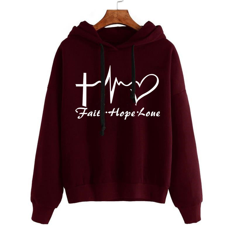 Heart Print Hoodie Sweatshirt Pullover Tops For Women