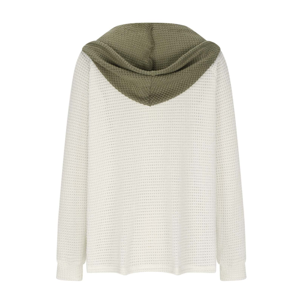 Women's Solid Color Waffle Fabric Hooded Loose Fit Sweater Long Sleeve Sweatershirt