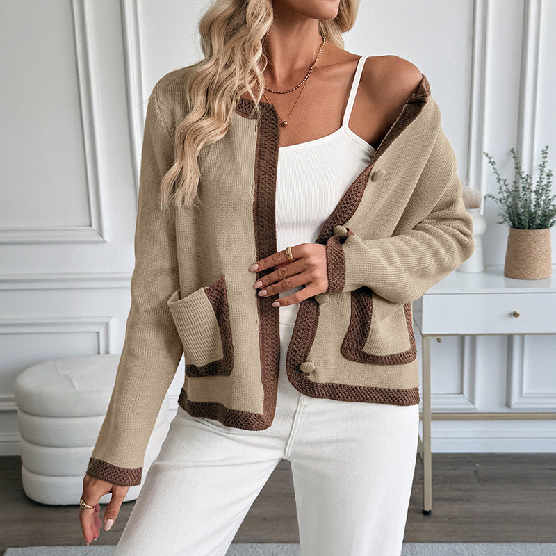 Contrast Color Knitted Cardigan Women's Sweater