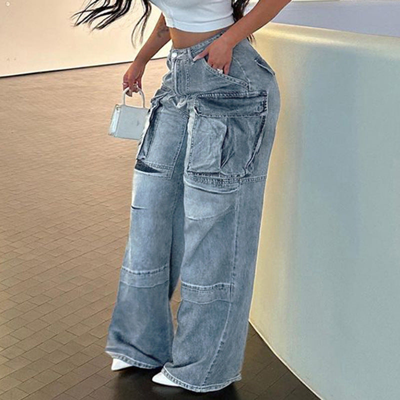 Women's Large Pocket High Waist Straight Jeans