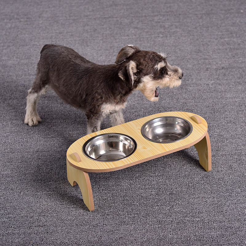 Double Pet Dog Bowl With Wooden Stand