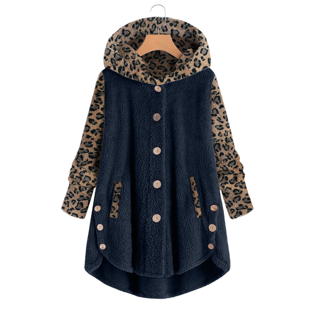 Autumn And Winter Long Sleeve Leopard Hooded Plush Coat For Women