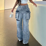 Women's Large Pocket High Waist Straight Jeans