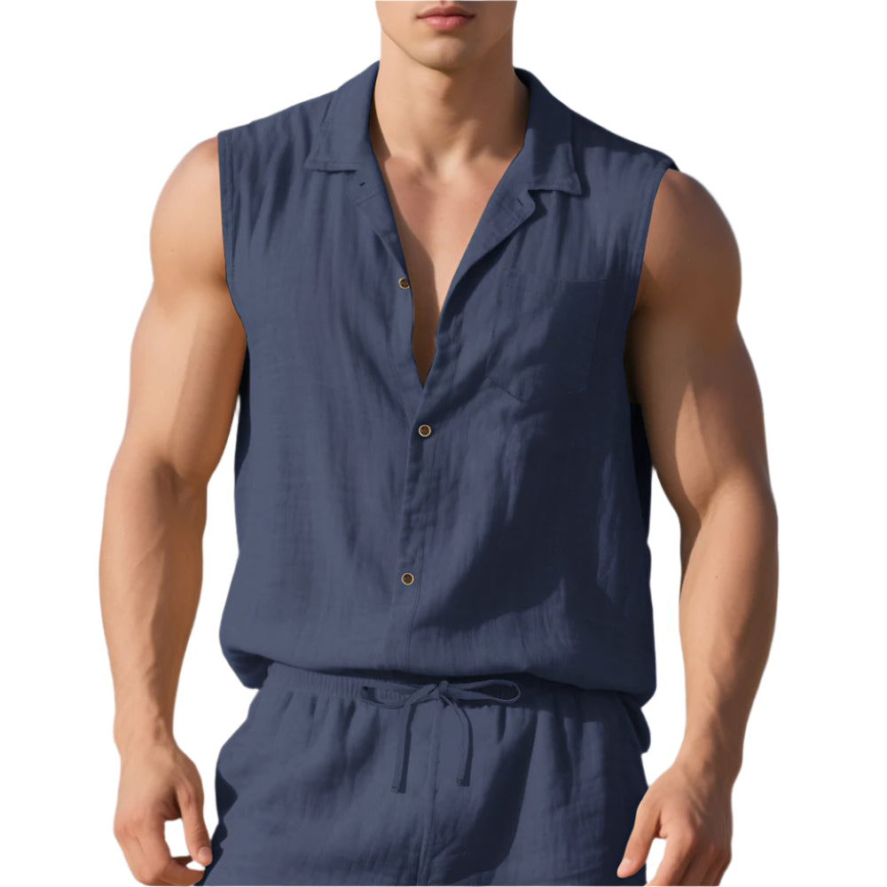 Sleeveless Linen Polo Shirt Vest For Men