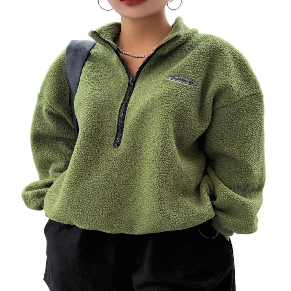 Patched Detail Drop Shoulder Half Zip Fleece Sweatshirt Long Sleeve Sweater Tops For Women