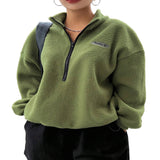 Patched Detail Drop Shoulder Half Zip Fleece Sweatshirt Long Sleeve Sweater Tops For Women
