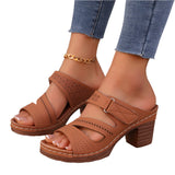 Square-Heeled Peep-Toe Summer Sandals Solid Color Casual Shoes