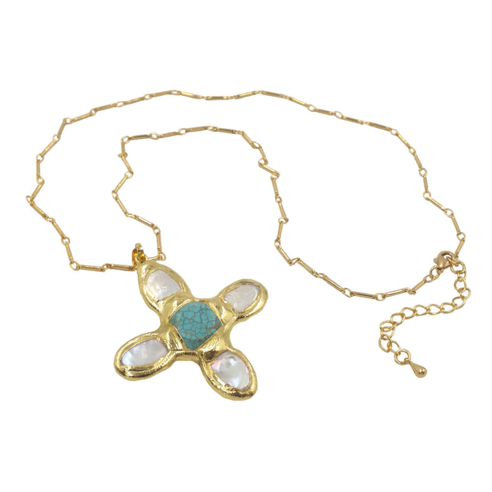 Cross Shape Turquoise Freshwater Pearl 18K Gold-Plated Inlaid Pendant Necklace