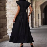 V-Neck Ruffled Sleeve Solid Color Leisure Dress