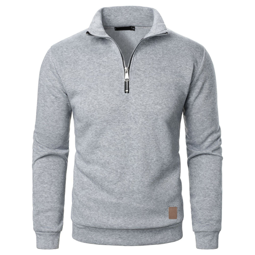 Men's Stand Collar Half Zip Long-Sleeved Casual Solid Color Fleece Top Sweater