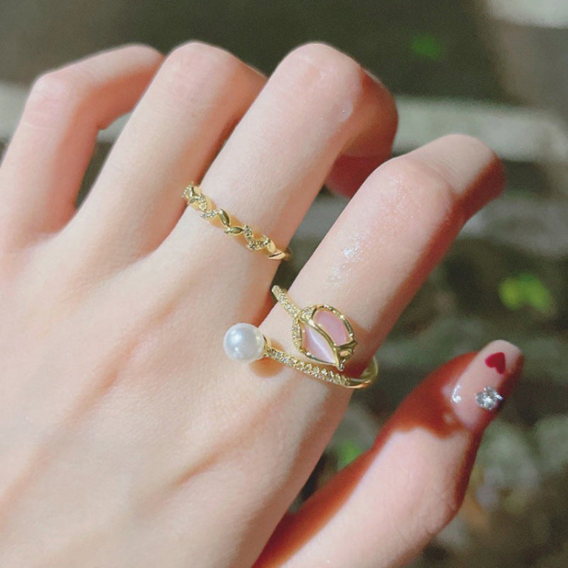 Tulip Bud Adjustable Pearl Ring For Women