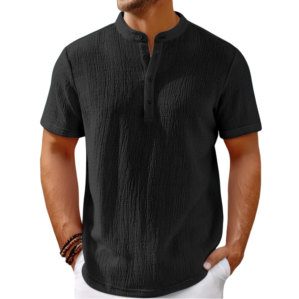 Men's Retro Cotton And Linen Striped Casual Loose Henley Shirt.