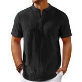 Men's Retro Cotton And Linen Striped Casual Loose Henley Shirt.