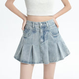 Retro Denim Skirt Summer A- Line Pleated Skirt For Women