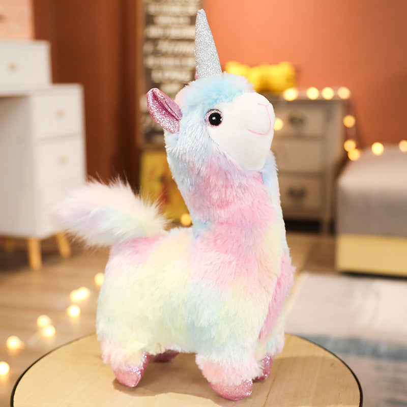 Colorful Horned Alpaca Plush Toy Doll Stuffed Animal For Kids
