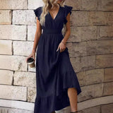 V-Neck Ruffled Sleeve Solid Color Leisure Dress