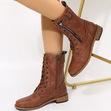 Lace-Up Western Cowboy Boots With Side Zipper Shoes For Women