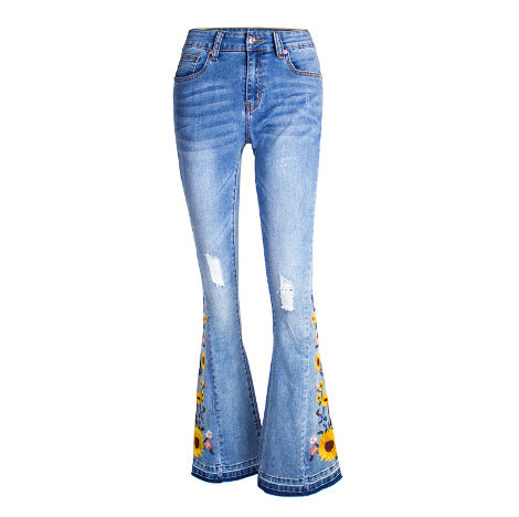 Women's Flared Jeans With Embroidered Sunflowers