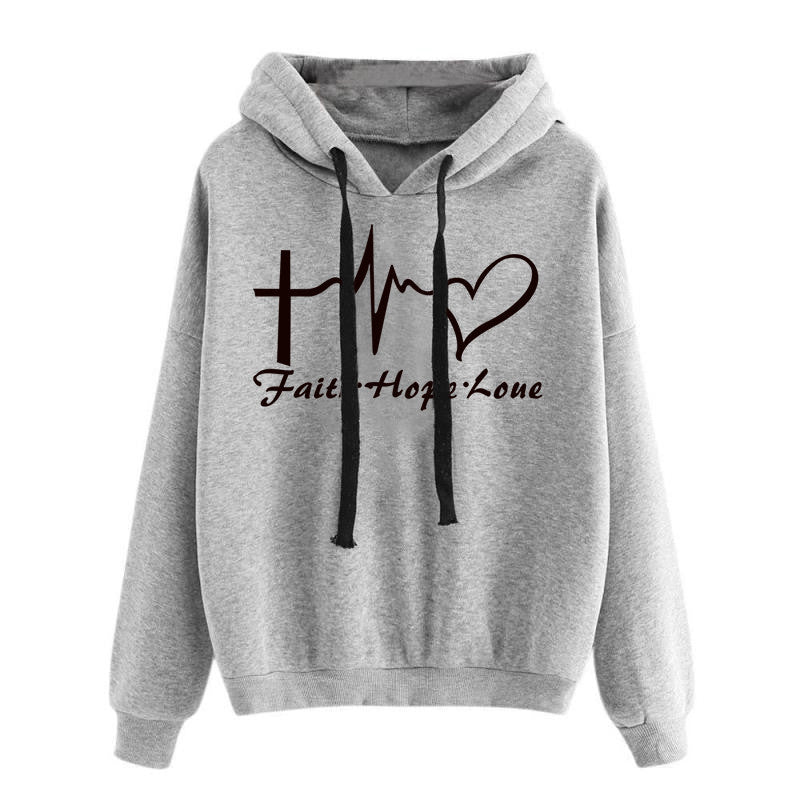 Heart Print Hoodie Sweatshirt Pullover Tops For Women