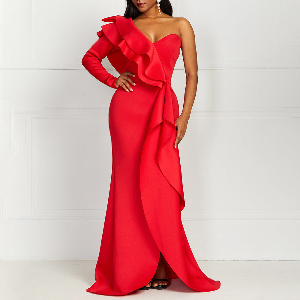 Solid Color Mid-Length Long Skirt High-Waisted Chest-Wrapped Ruffle Gown