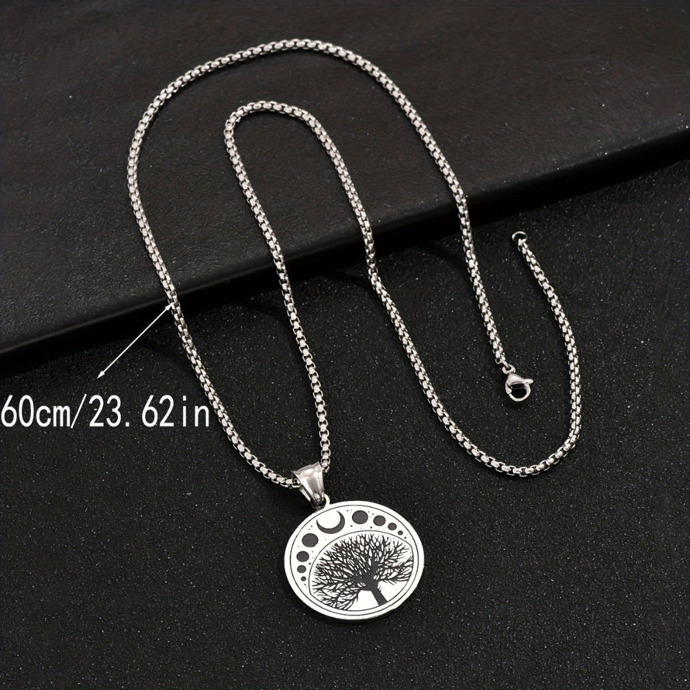 Men's Round Stainless Steel Tree Life Pendant Necklace