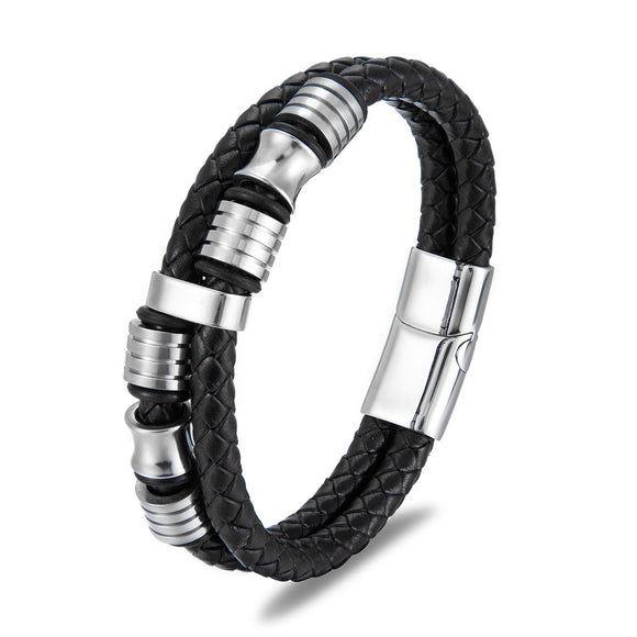 Black Leather & Stainless Steel Bracelet - Weriion