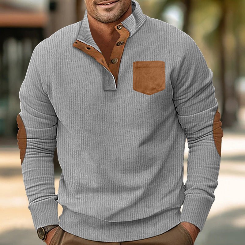 Buttoned Standing Collar Men's Sweater With Chest Pocket - Weriion