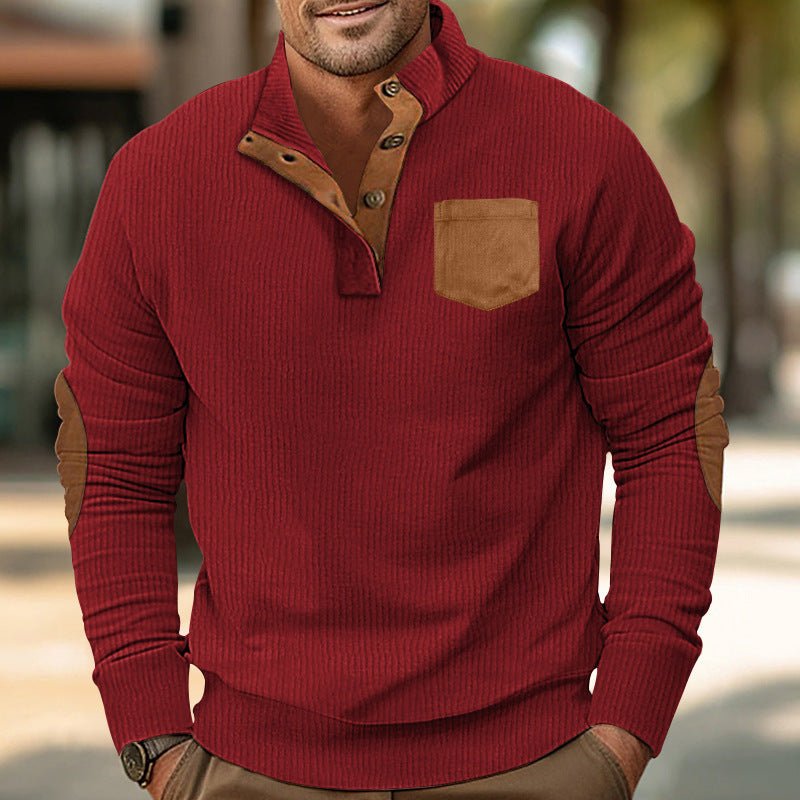 Buttoned Standing Collar Men's Sweater With Chest Pocket - Weriion