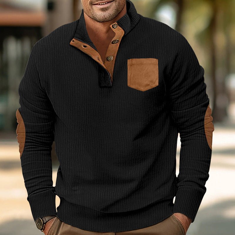 Buttoned Standing Collar Men's Sweater With Chest Pocket - Weriion