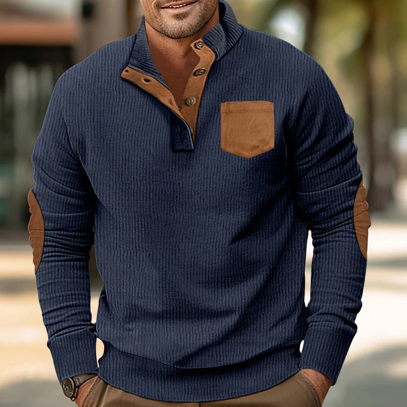 Buttoned Standing Collar Men's Sweater With Chest Pocket - Weriion