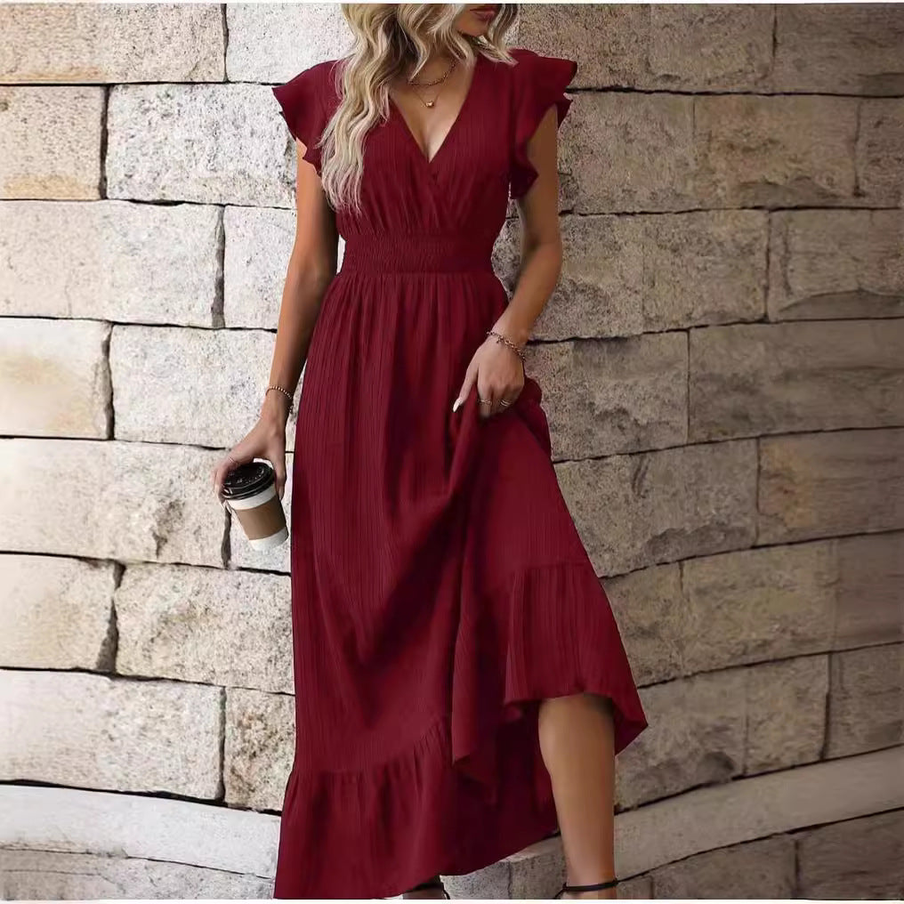 V-Neck Ruffled Sleeve Solid Color Leisure Dress