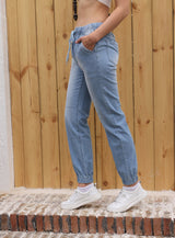 Casual Light Blue Elastic Denim Fabric Jeans For Women - Weriion