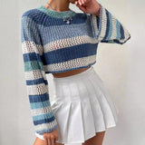 Contrast Color Striped Hollow Short Fashion Women's Sweater