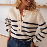 Striped Pullover Top Fashion Cardigan With Buttons Sweater For Women
