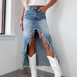 Denim High Waist Irregular Raw Hem Worn Looking Washed - Out Skirt - Weriion