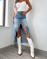 Denim High Waist Irregular Raw Hem Worn Looking Washed - Out Skirt - Weriion